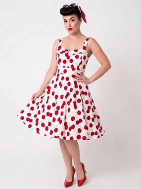Vintage 90s Y2K Cherry Print Fit & Flare Dress Retro Rockabilly Pinup